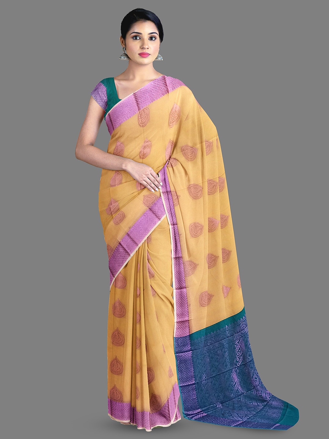 

The Chennai Silks Ethnic Motifs Woven Design Zari Maheshwari Saree, Peach