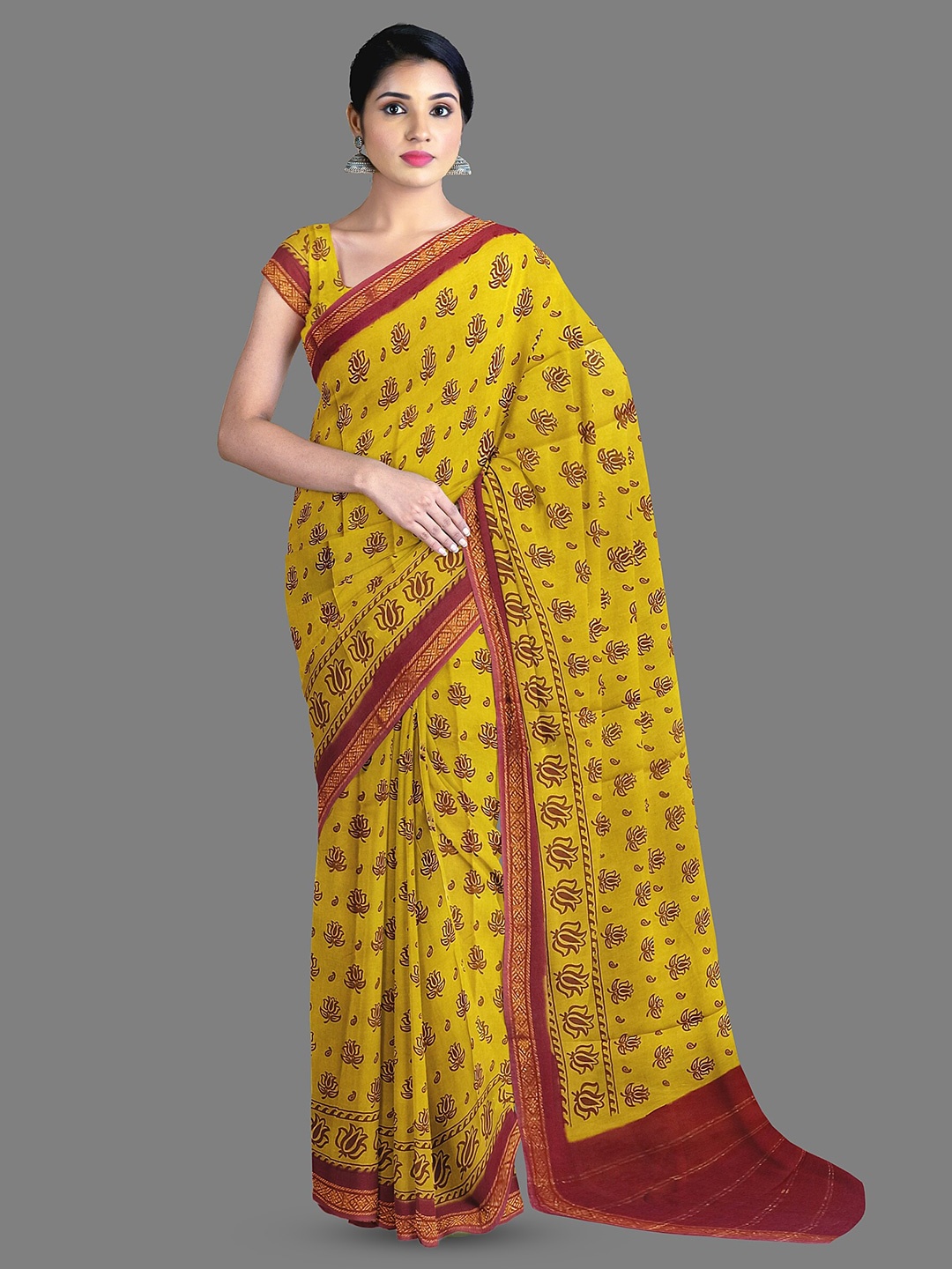 

The Chennai Silks Floral Printed Zari Pure Cotton Sungudi Saree, Yellow