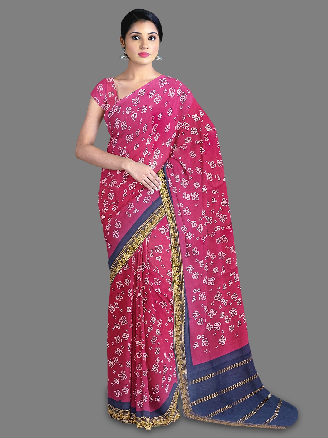 

The Chennai Silks Floral Printed Zari Pure Cotton Sungudi Saree, Pink
