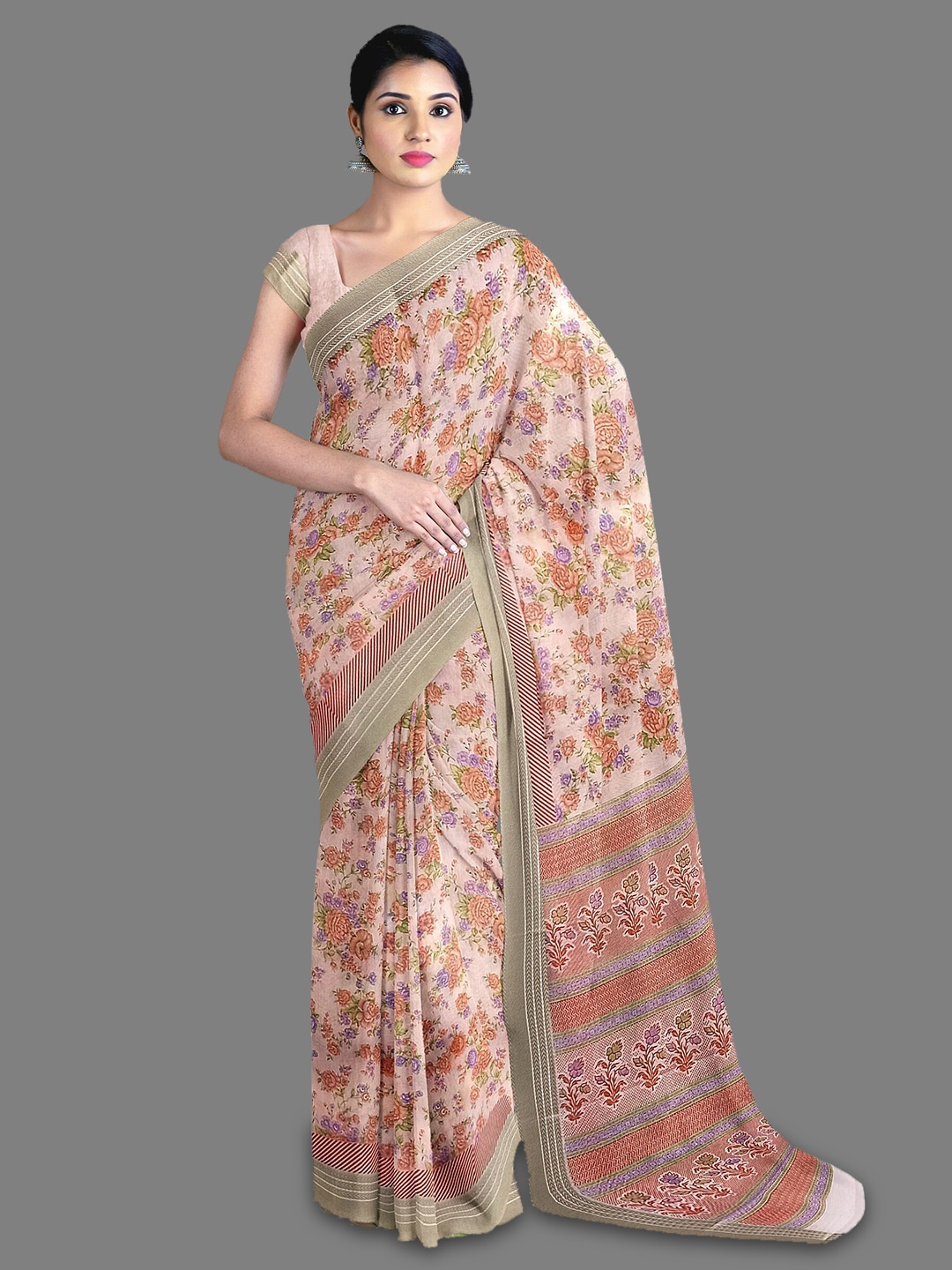 

The Chennai Silks Floral Printed Zari Pure Cotton Saree, Peach