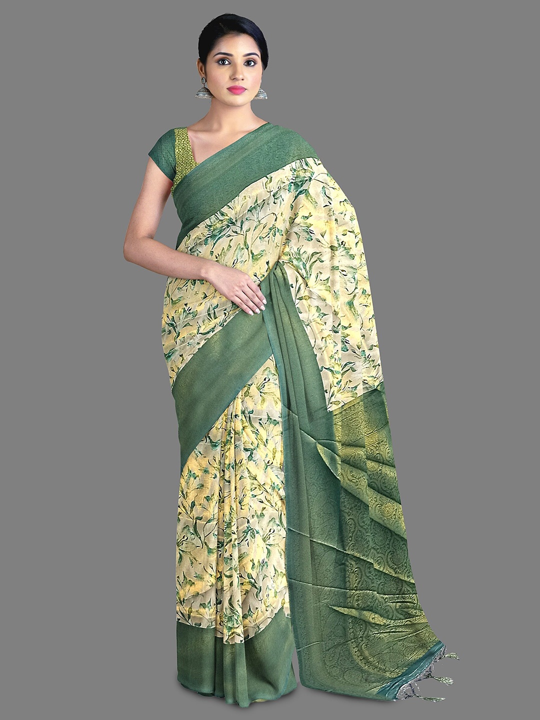 

The Chennai Silks Floral Printed Zari Art Silk Banarasi Saree, Beige