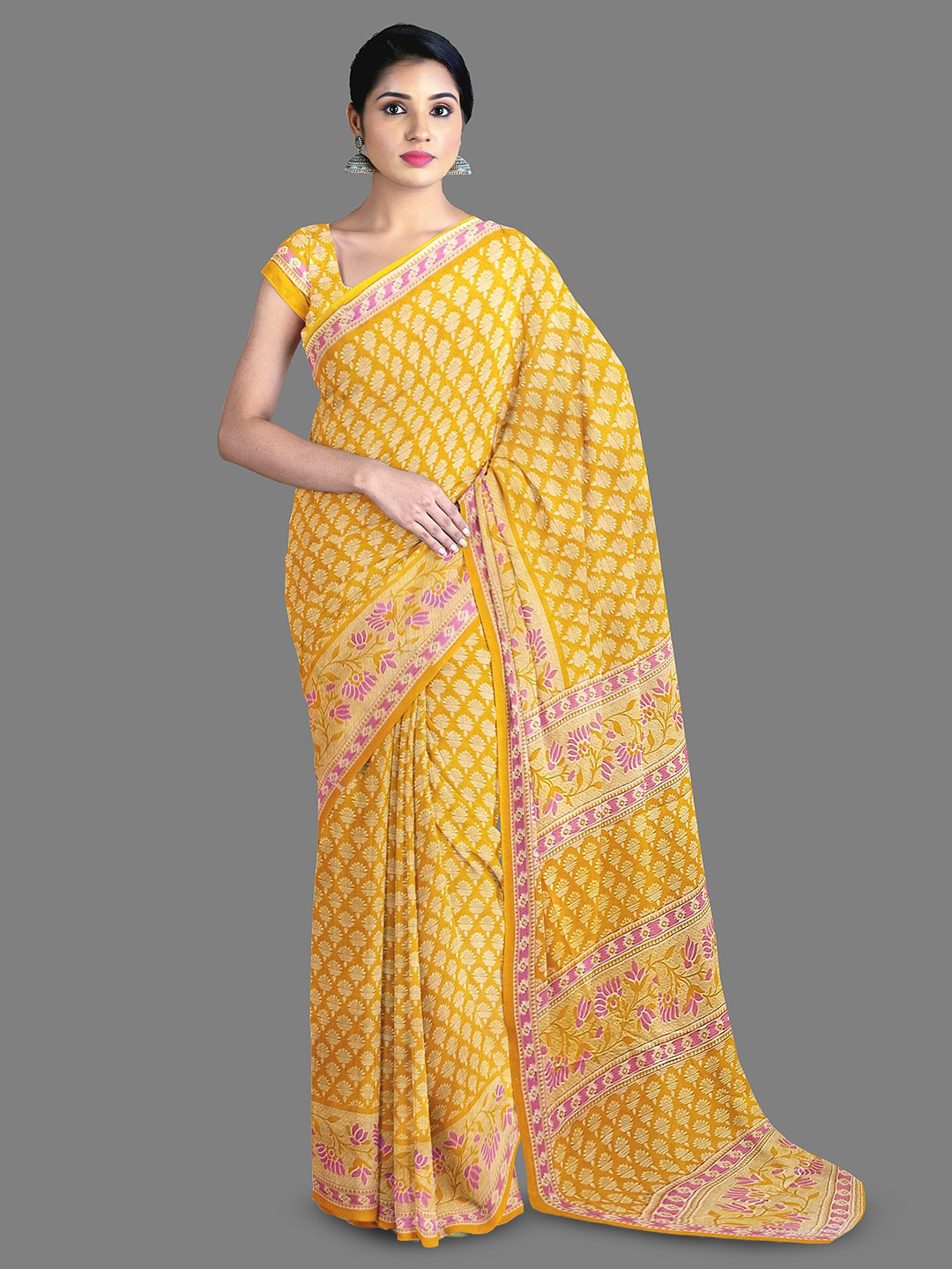 

The Chennai Silks Floral Printed Pure Cotton Saree, Yellow