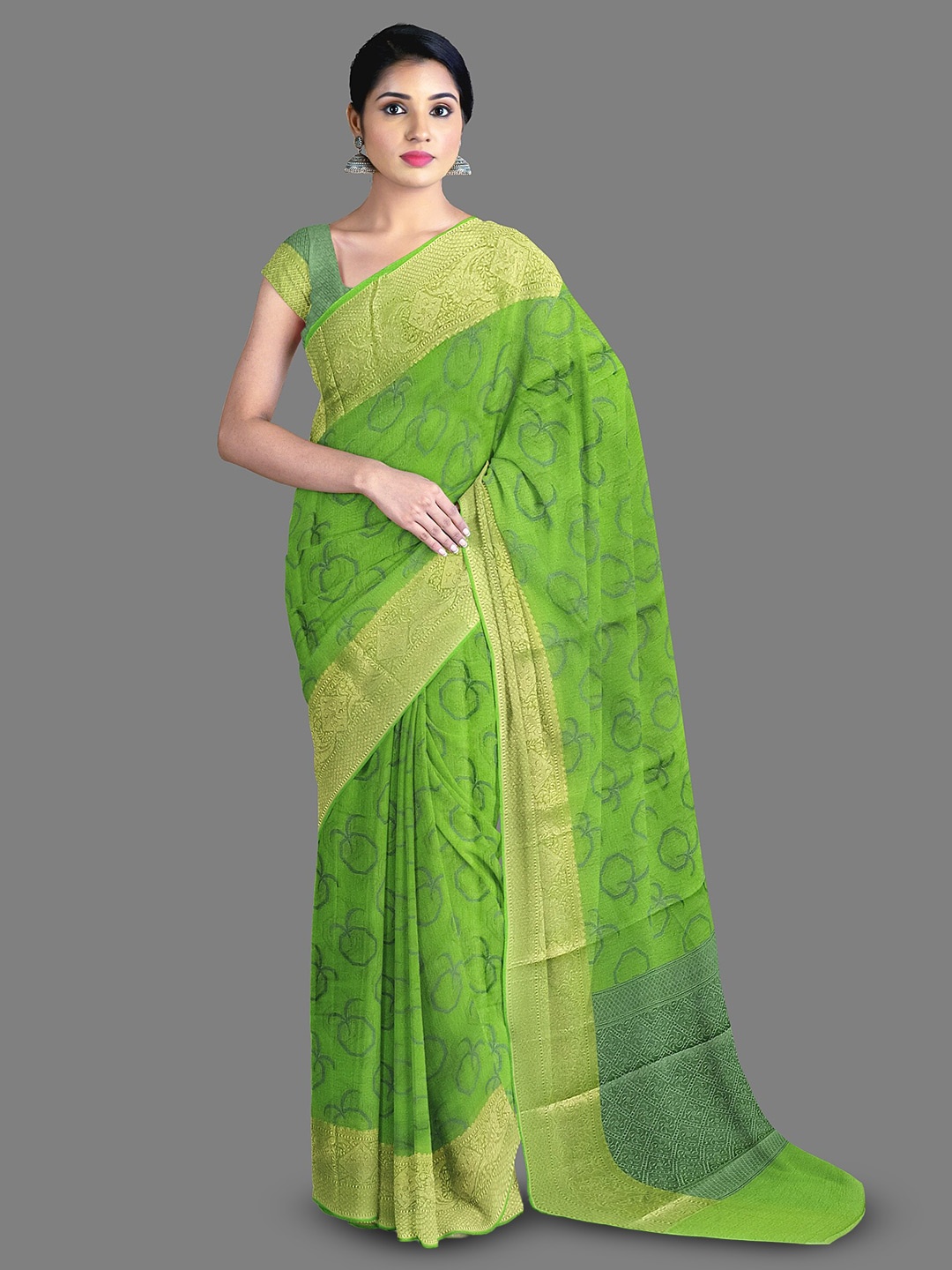 

The Chennai Silks Conversational Woven Design Zari Chanderi Saree, Green