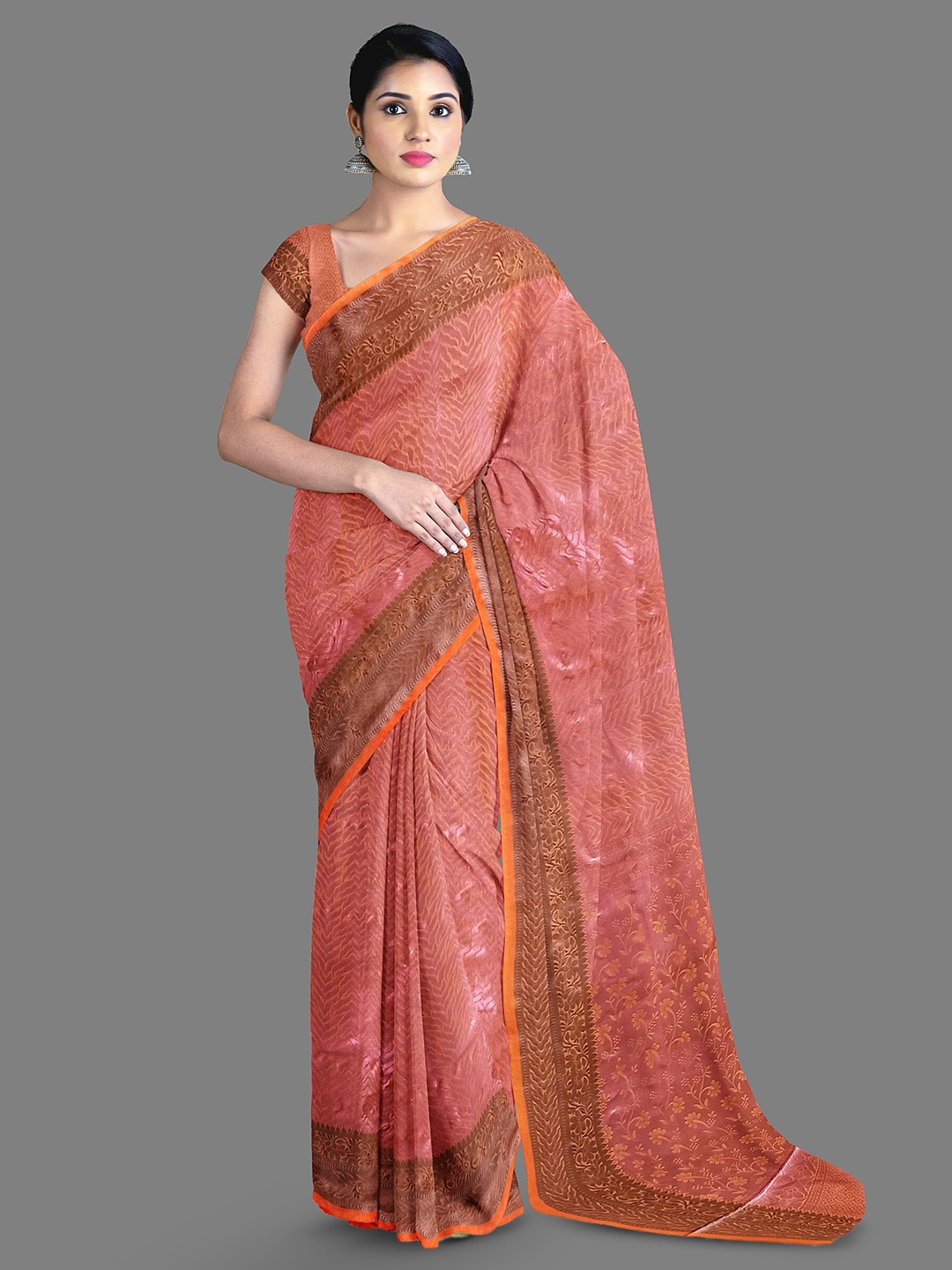 

The Chennai Silks Floral Printed Zari Art Silk Saree, Orange