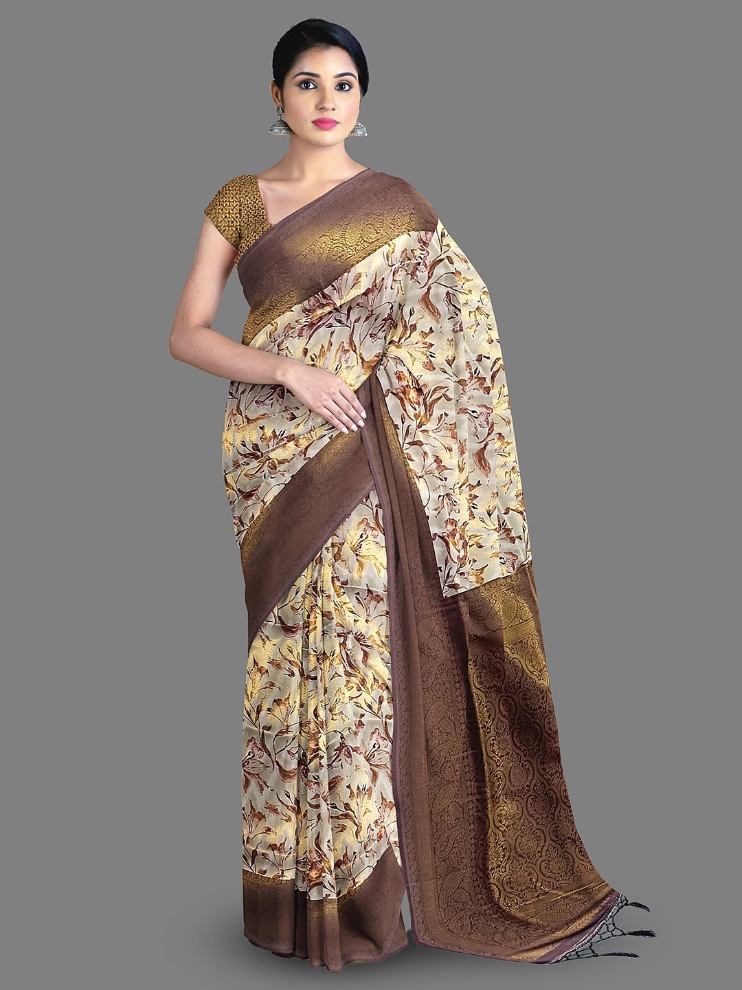 

The Chennai Silks Floral Printed Zari Art Silk Banarasi Saree, Beige