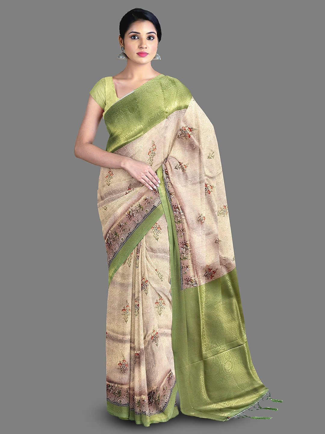 

The Chennai Silks Floral Printed Zari Art Silk Banarasi Saree, Beige