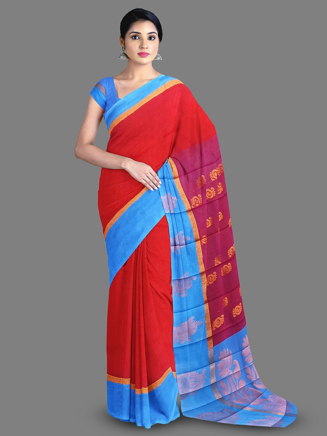 

The Chennai Silks Zari Silk Cotton Maheshwari Saree, Red