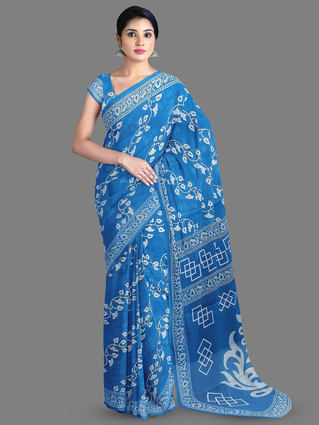 

The Chennai Silks Floral Printed Pure Cotton Saree, Blue