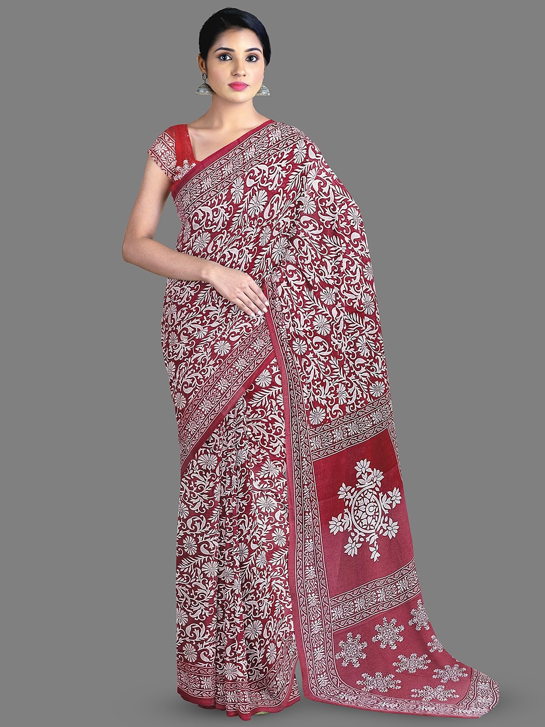 

The Chennai Silks Floral Printed Pure Cotton Saree, Maroon