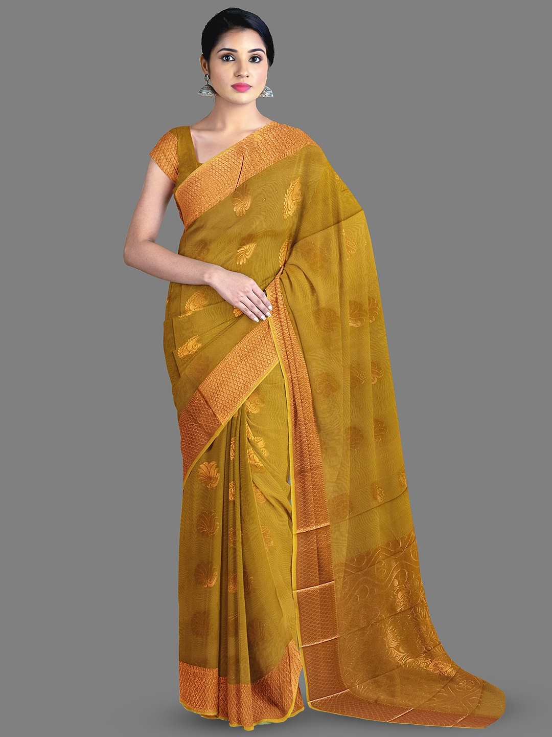 

The Chennai Silks Ethnic Motifs Zari Silk Cotton Maheshwari Saree, Mustard