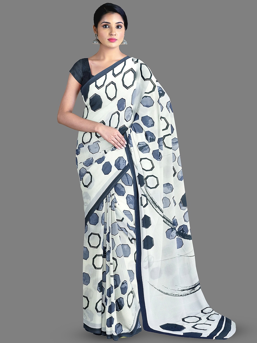

The Chennai Silks Geometric Printed Saree, Off white