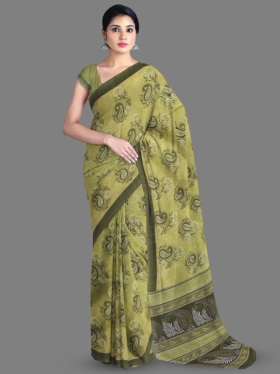 

The Chennai Silks Paisley Printed Chanderi Saree, Green