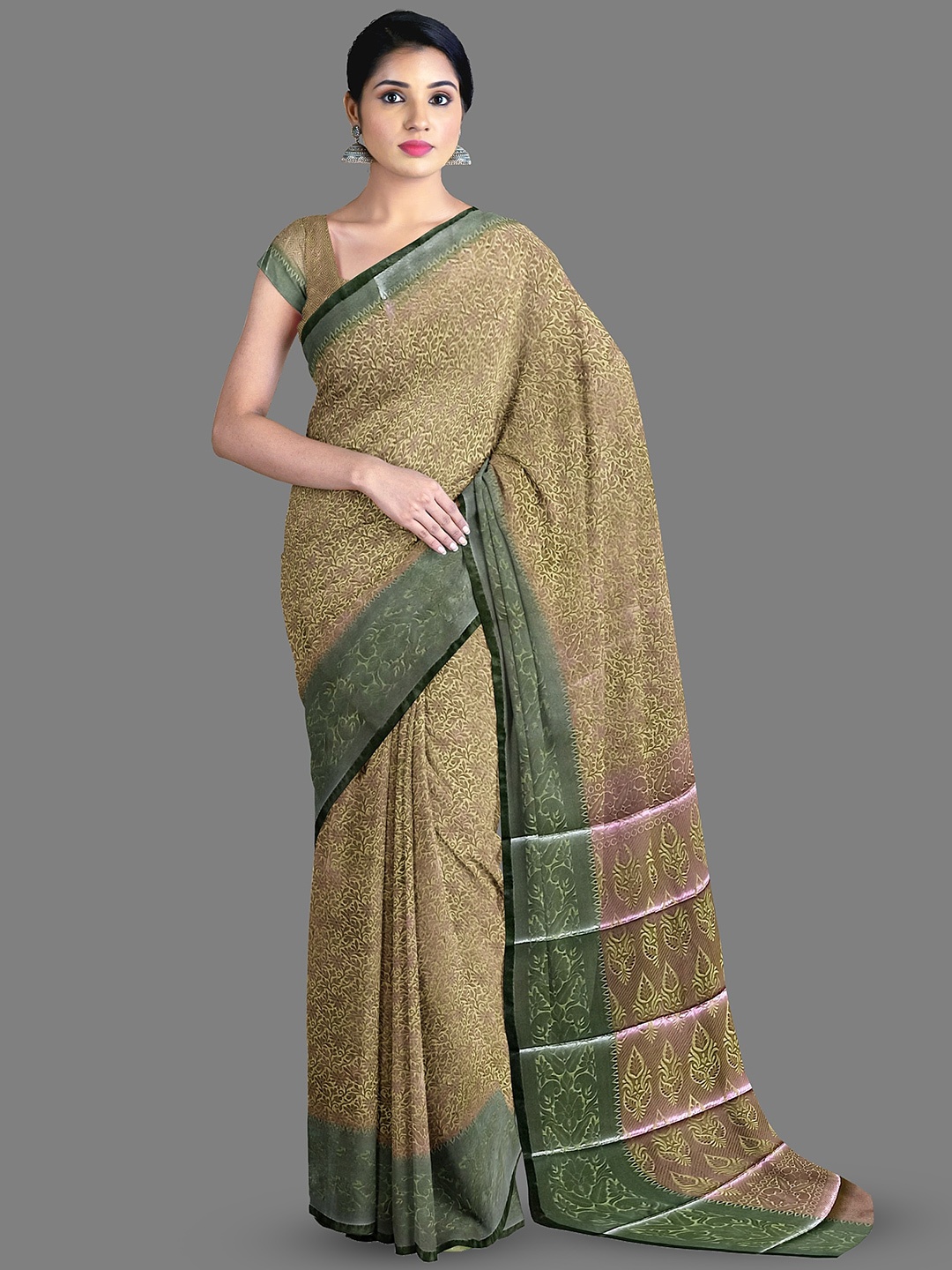 

The Chennai Silks Floral Printed Zari Saree, Green
