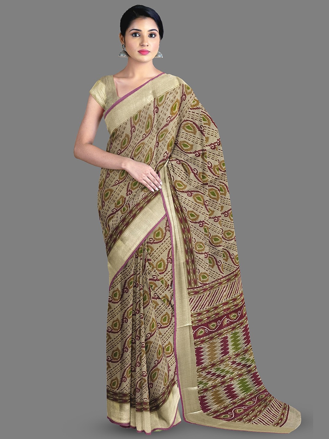 

The Chennai Silks Ethnic Motifs Printed Zari Pure Cotton Saree, Beige