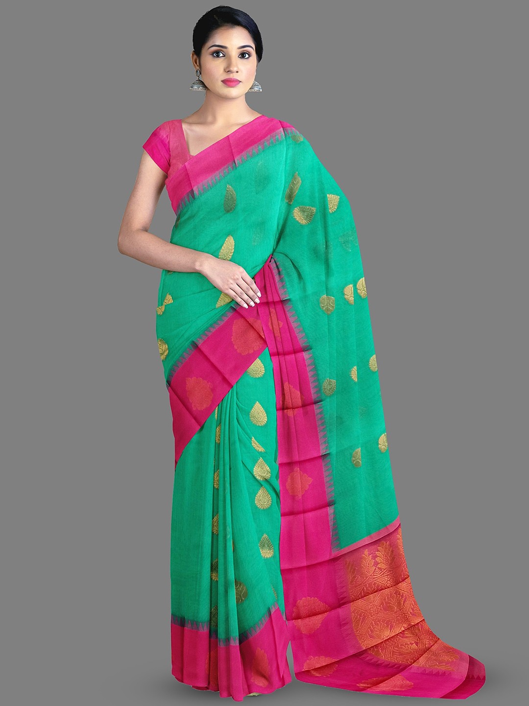 

The Chennai Silks Ethnic Motifs Zari Silk Cotton Maheshwari Saree, Green