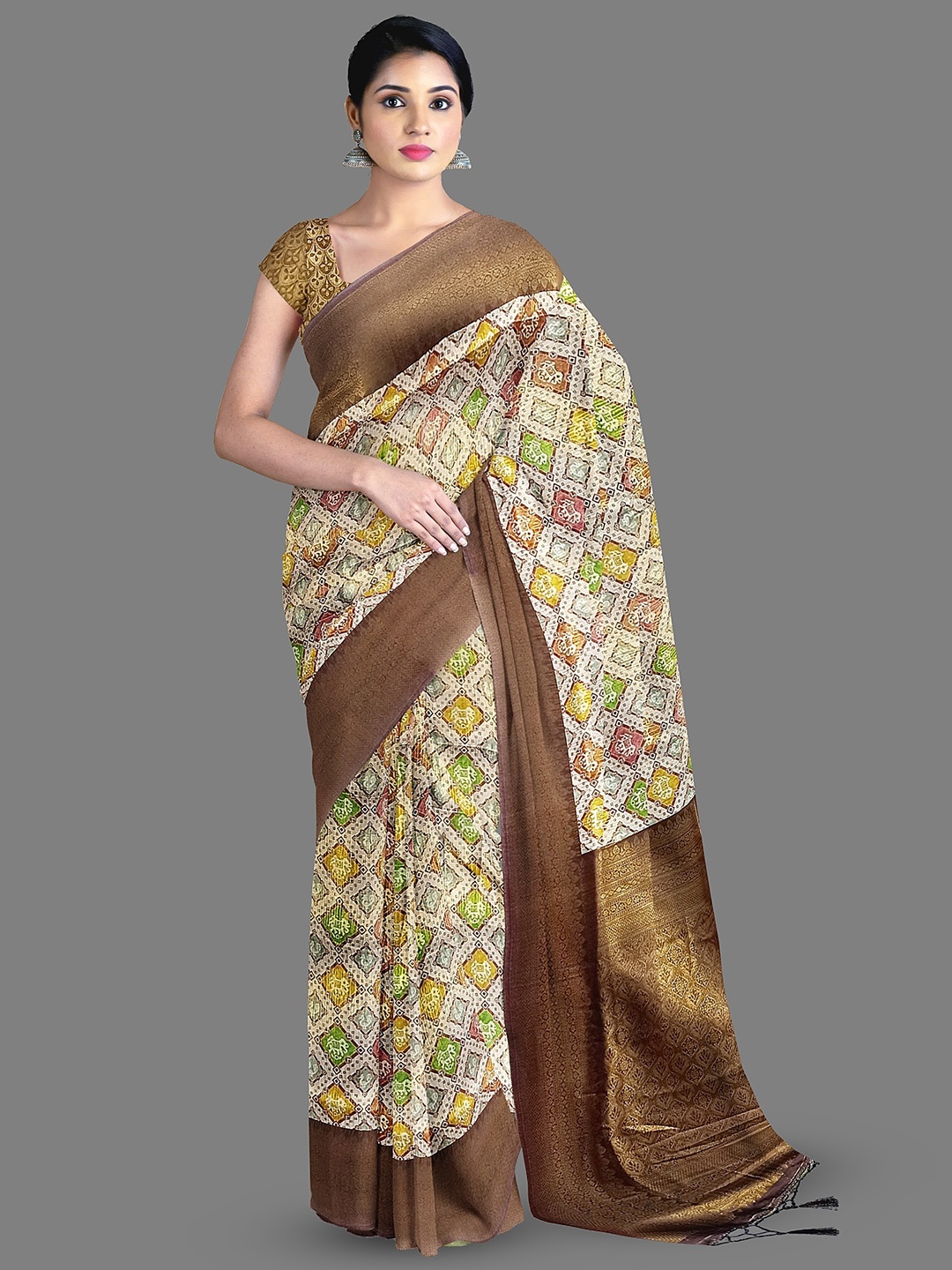 

The Chennai Silks Ethnic Motifs Printed Zari Banarasi Saree, Beige