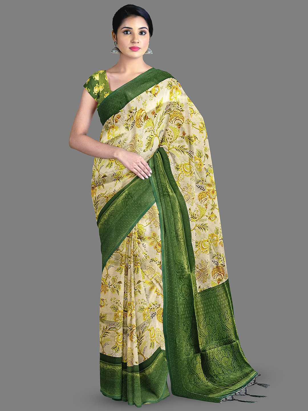 

The Chennai Silks Ethnic Motifs Printed Zari Art Silk Banarasi Saree, Beige