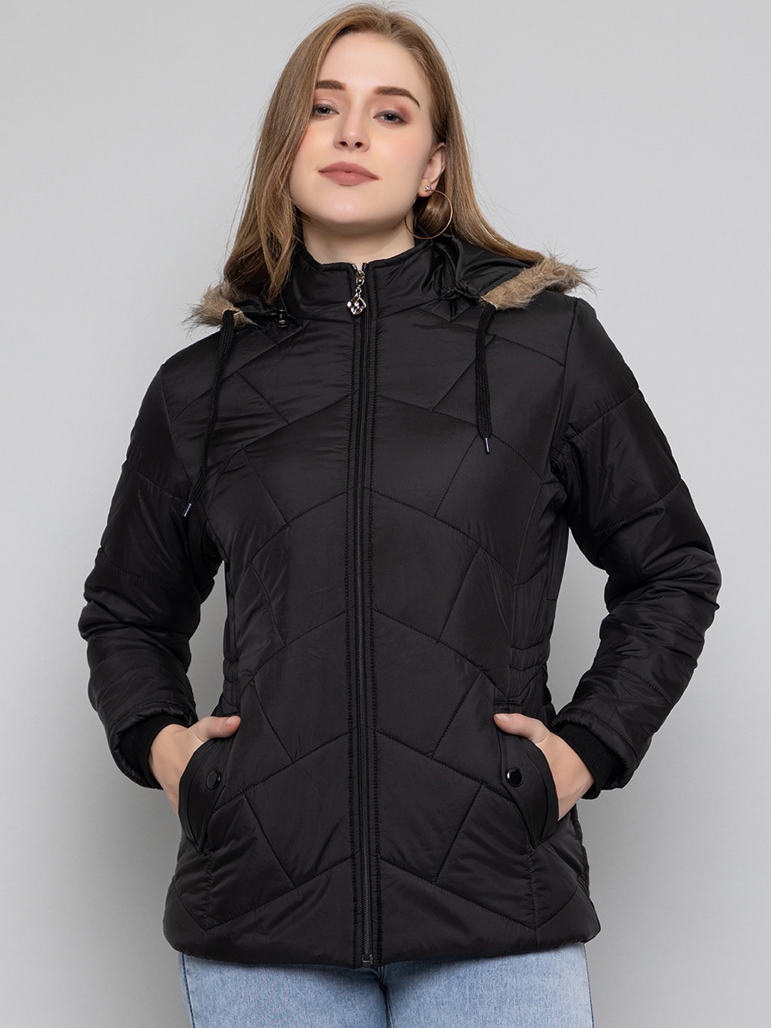 

Xohy Hooded Lightweight Parka Jacket With Faux Fur Trim, Black
