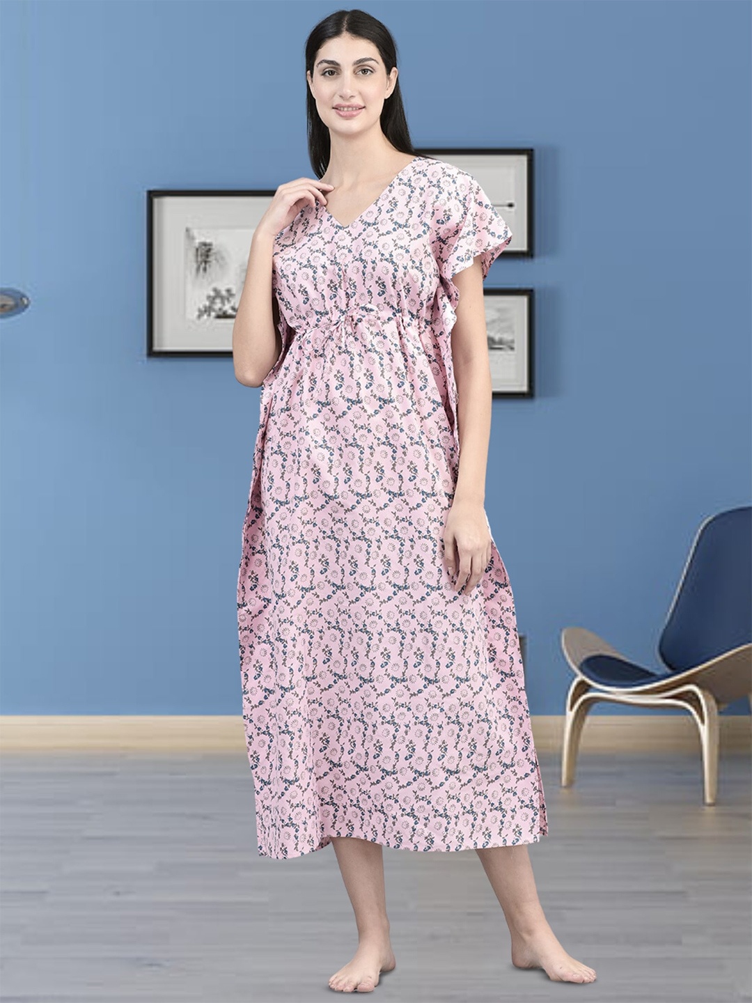 Noty Floral Printed Square Neck Maxi Nightdress, Pink