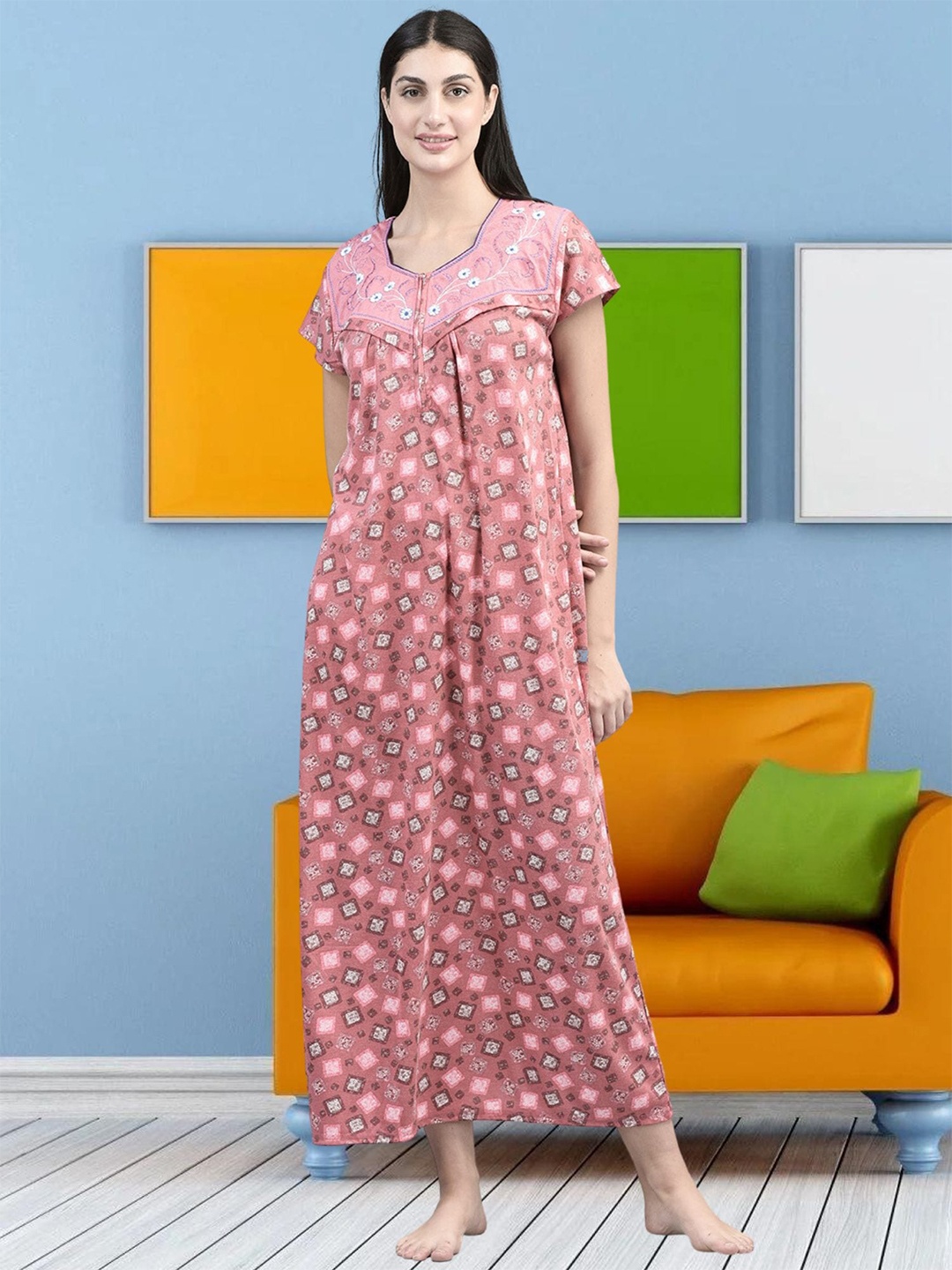 

Noty Graphic Printed Square Neck Maxi Nightdress, Orange