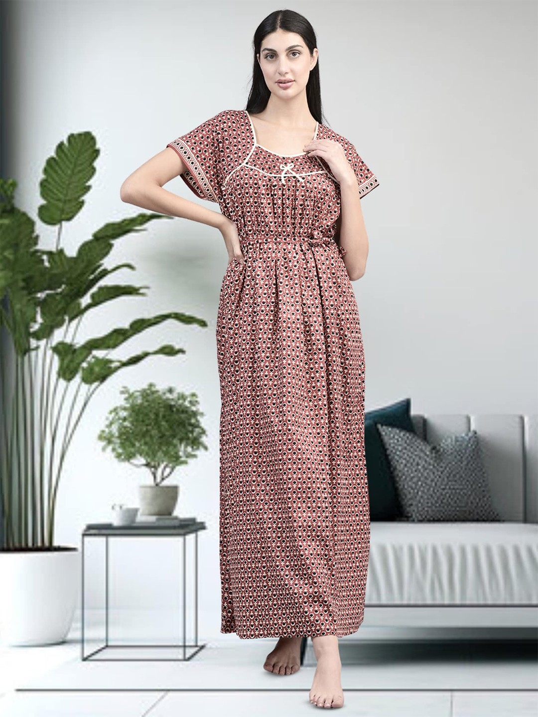 

Noty Ethnic Motifs Printed Square Neck Maxi Nightdress, Maroon