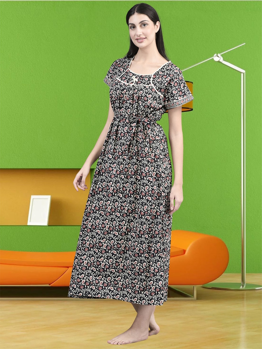 

Noty Floral Printed Square Neck Maxi Nightdress, Black