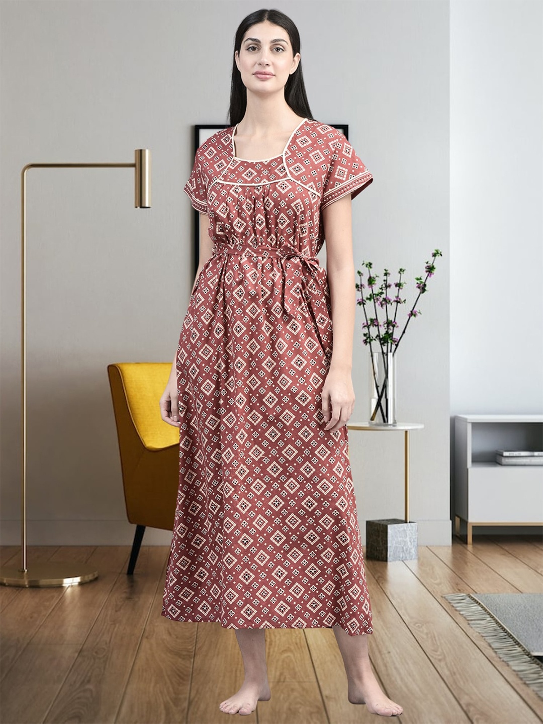

Noty Geometric Printed Square Neck Maxi Nightdress, Maroon