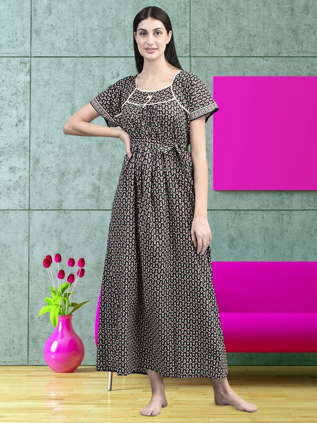 

Noty Floral Printed Square Neck Maxi Nightdress, Black