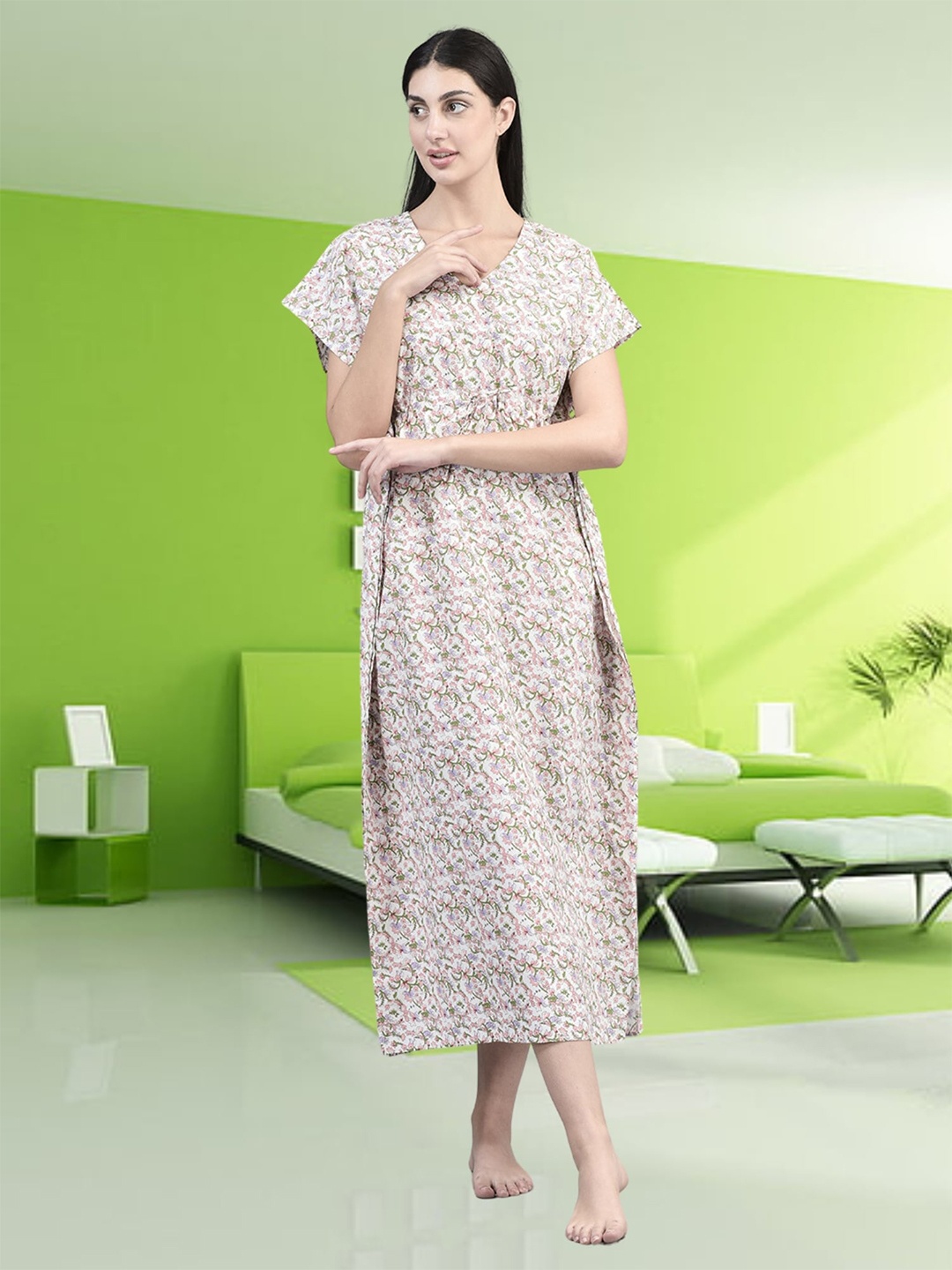 Noty Floral Printed V-Neck Kaftan Nightdress, Purple