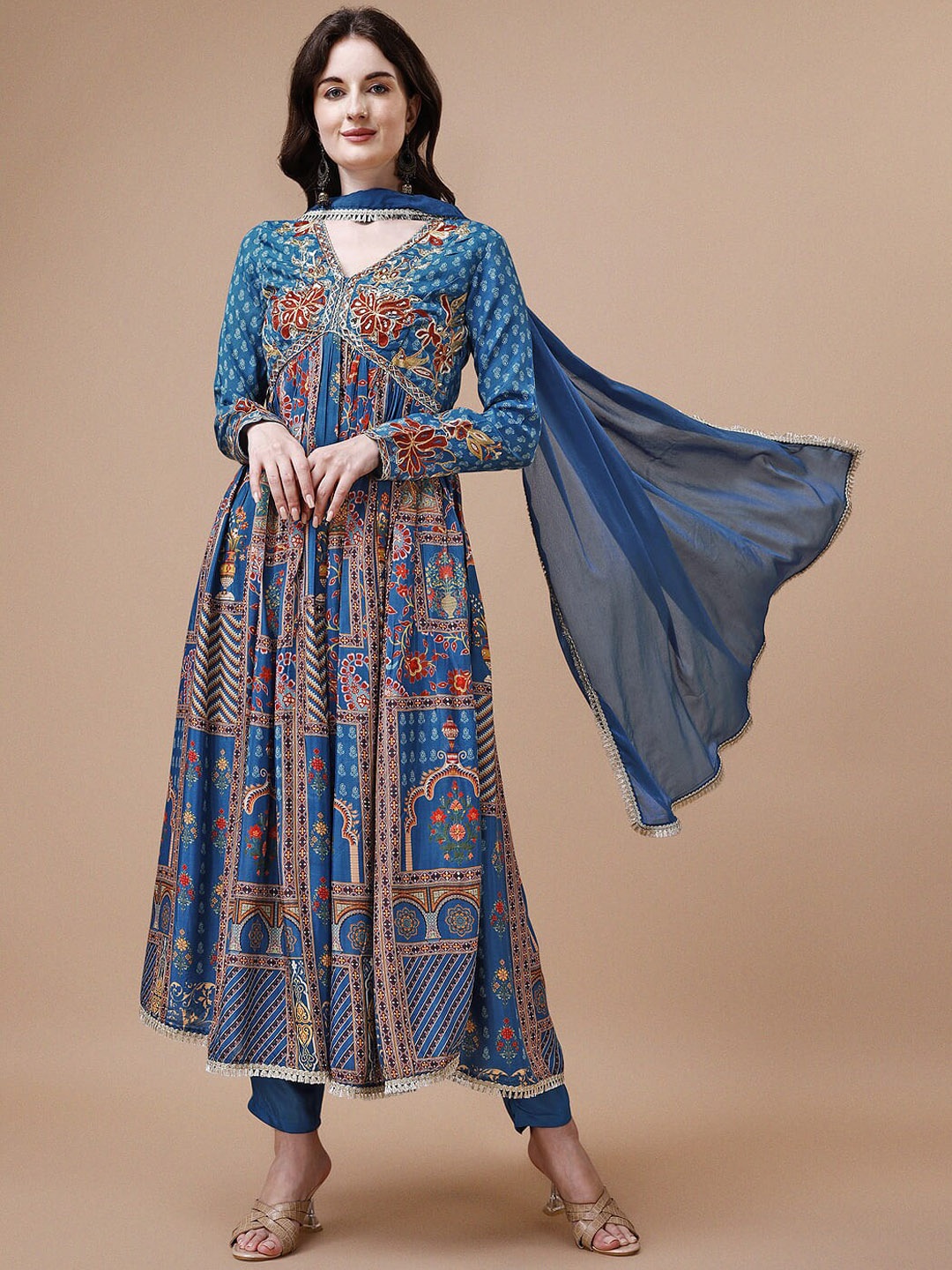 

KALINI Floral Printed Empire Aari Work Kurta With Trousers & Dupatta, Blue