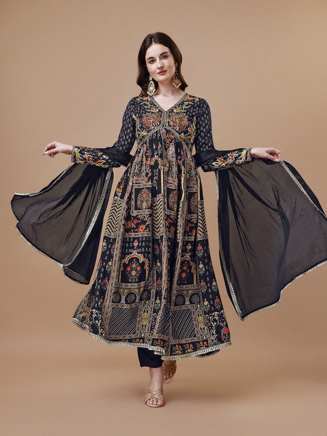 

KALINI Floral Printed Empire Sequinned Detailed Kurta & Trousers With Dupatta, Black