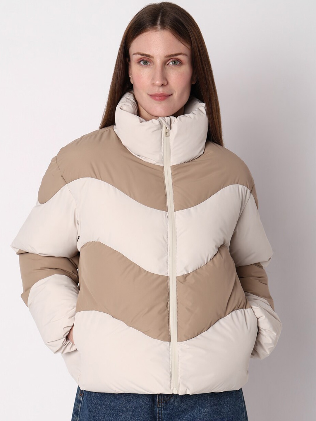 

Vero Moda Mock Collar Colourblocked Puffer Jacket, Beige