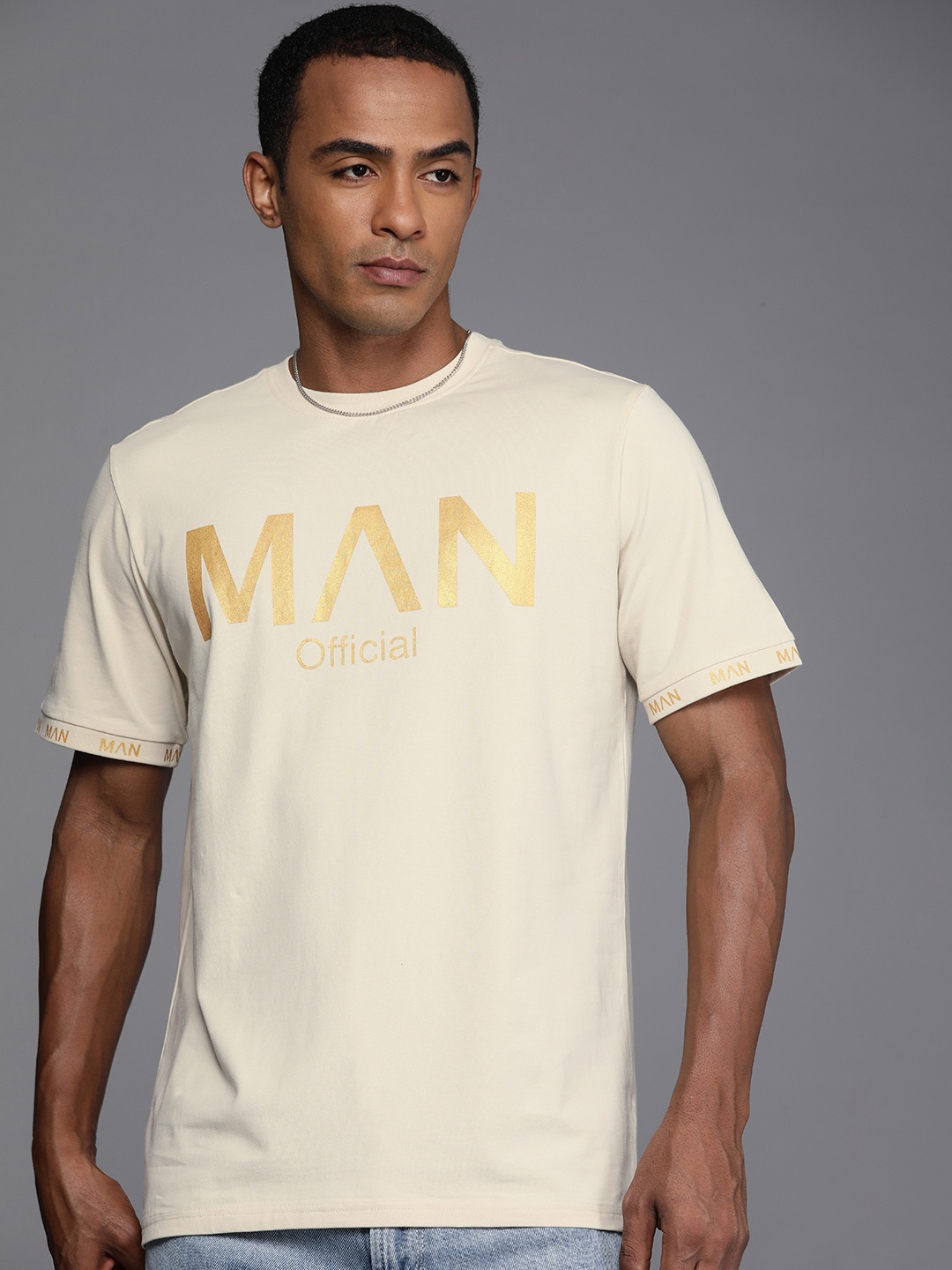 

boohooMAN Brand Logo Printed T-shirt, Cream