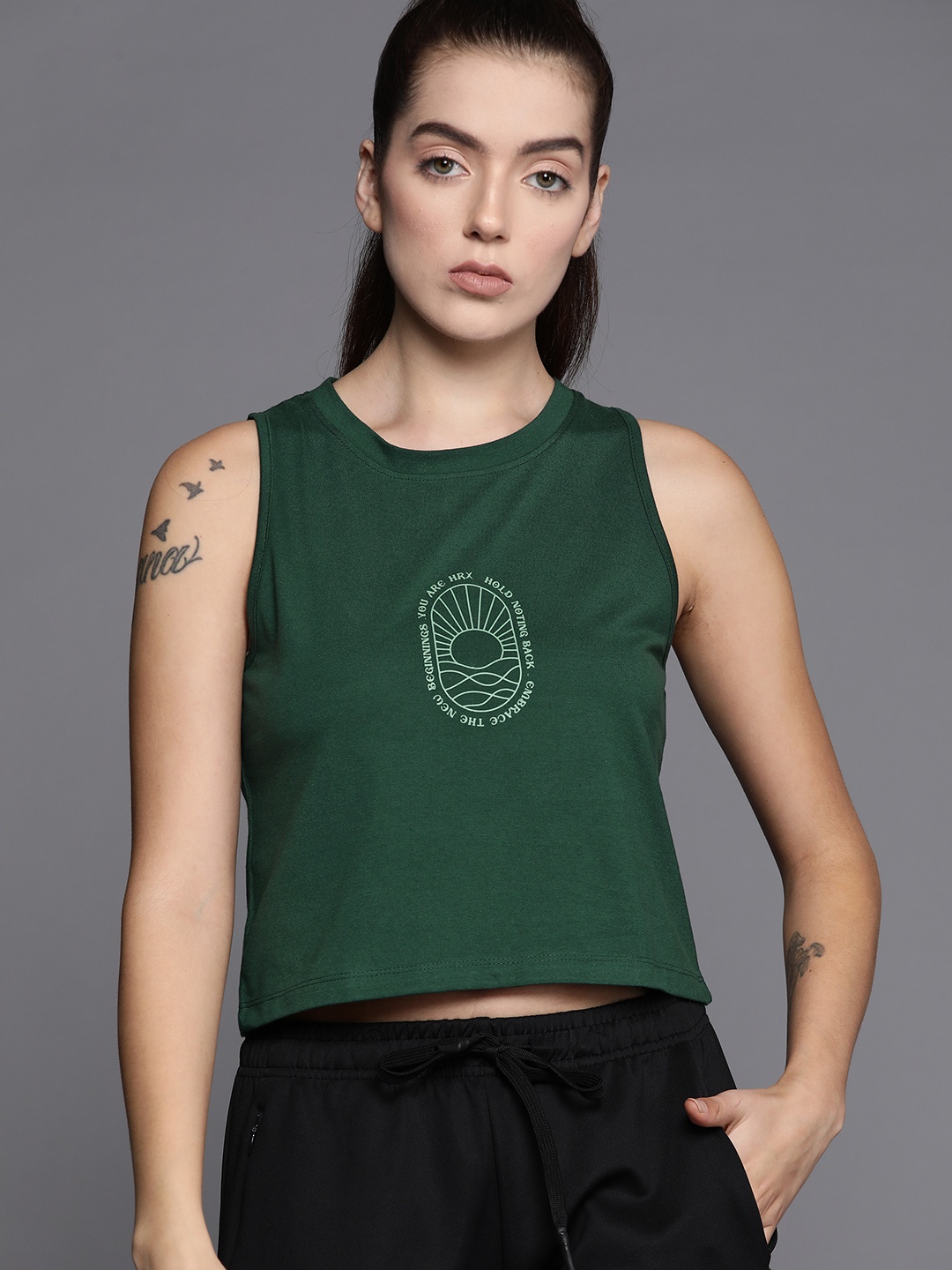 

HRX by Hrithik Roshan Women Printed Crop T-shirt, Green