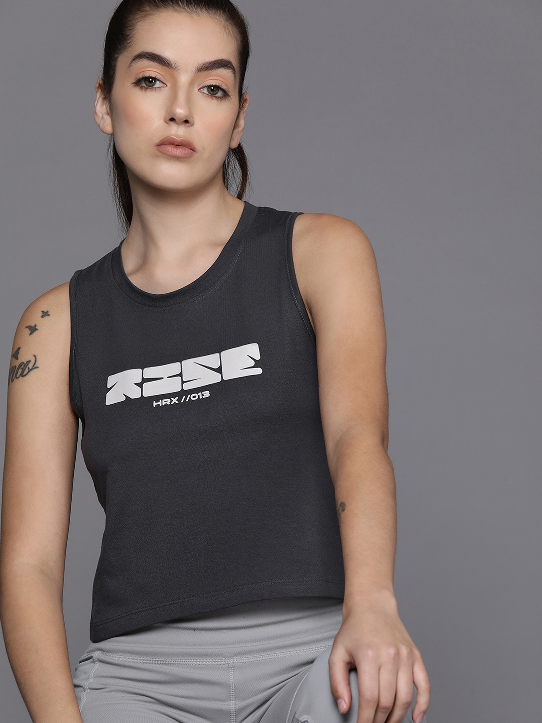 

HRX by Hrithik Roshan Printed Crop Lifestyle T-shirt, Charcoal