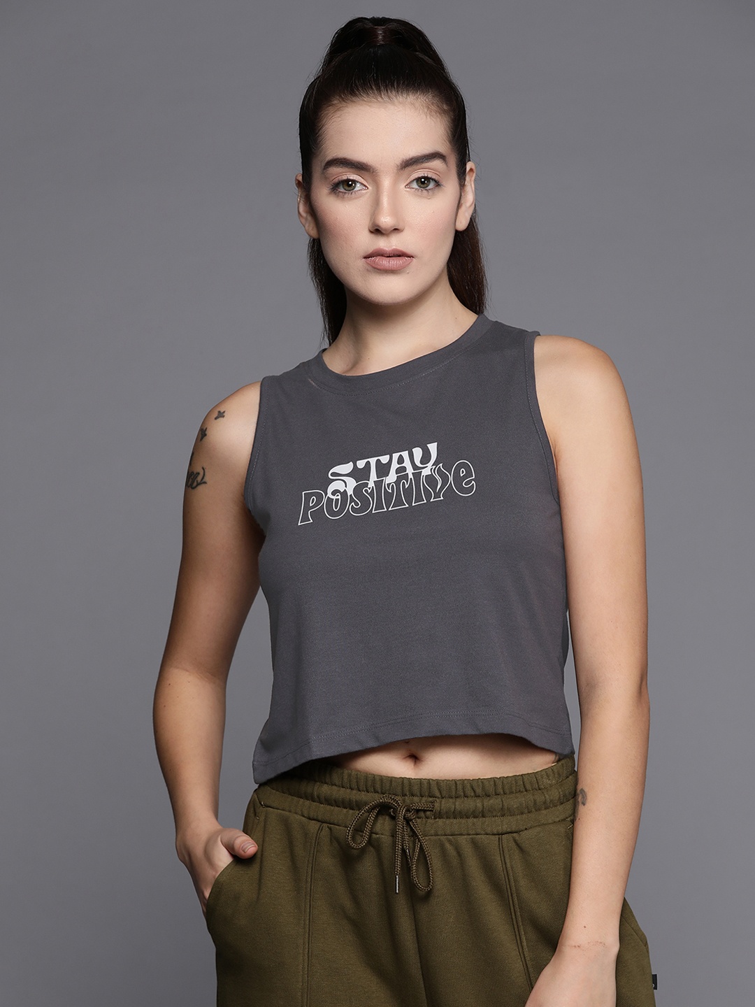 

HRX by Hrithik Roshan Women Typography Printed Crop T-shirt, Grey