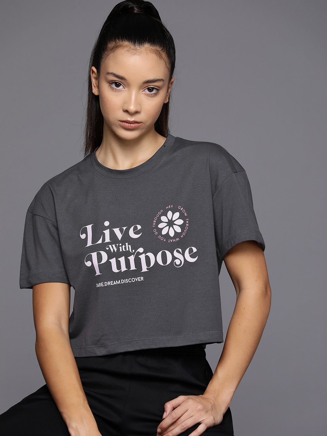 

HRX by Hrithik Roshan Typography Printed Drop-Shoulder Sleeves Relaxed Fit T-shirt, Charcoal