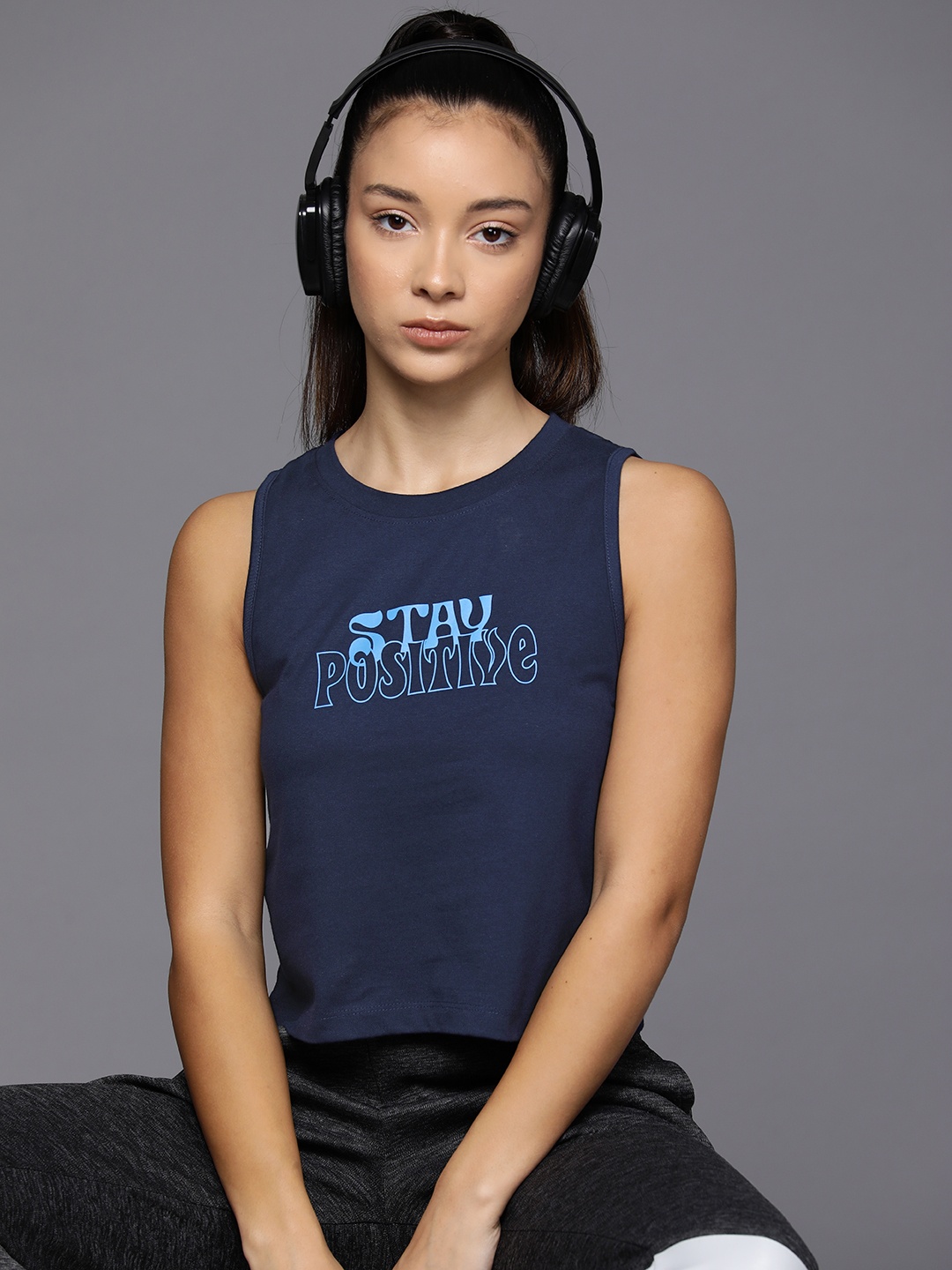 

HRX by Hrithik Roshan Typography Printed Sleeveless Regular Fit T-shirt, Navy blue