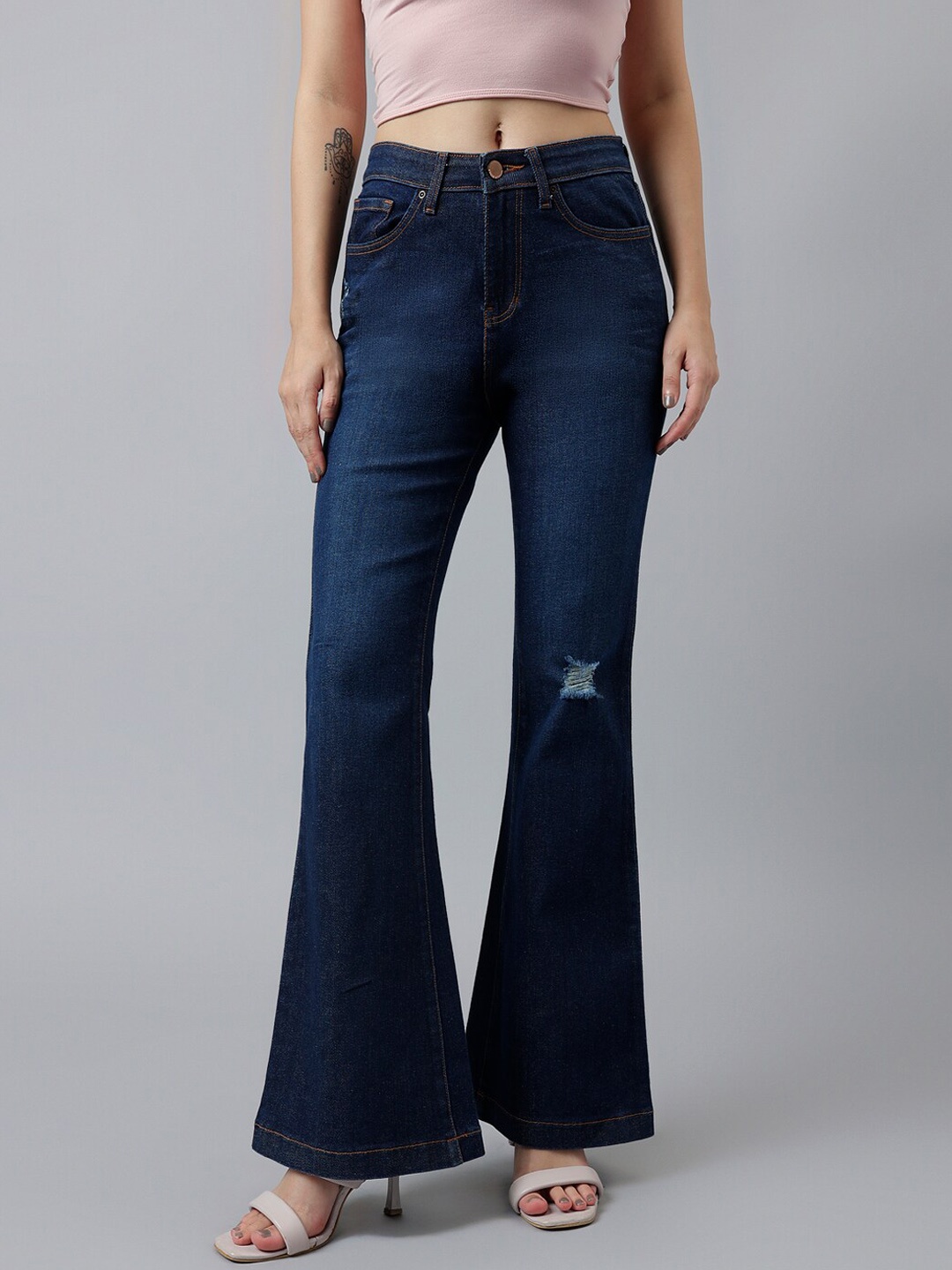 

Xpose Women Comfort Flared High-Rise Mildly Distressed Light Fade Stretchable Jeans, Navy blue