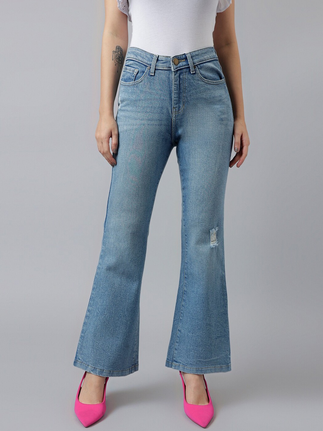 

Xpose Women Comfort Flared High-Rise Low Distress Stretchable Jeans, Blue