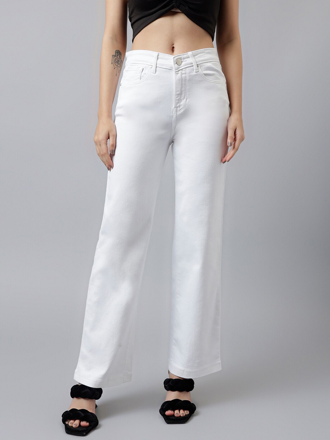 

Xpose Women Comfort Wide Leg High-Rise Low Distress Stretchable Jeans, White