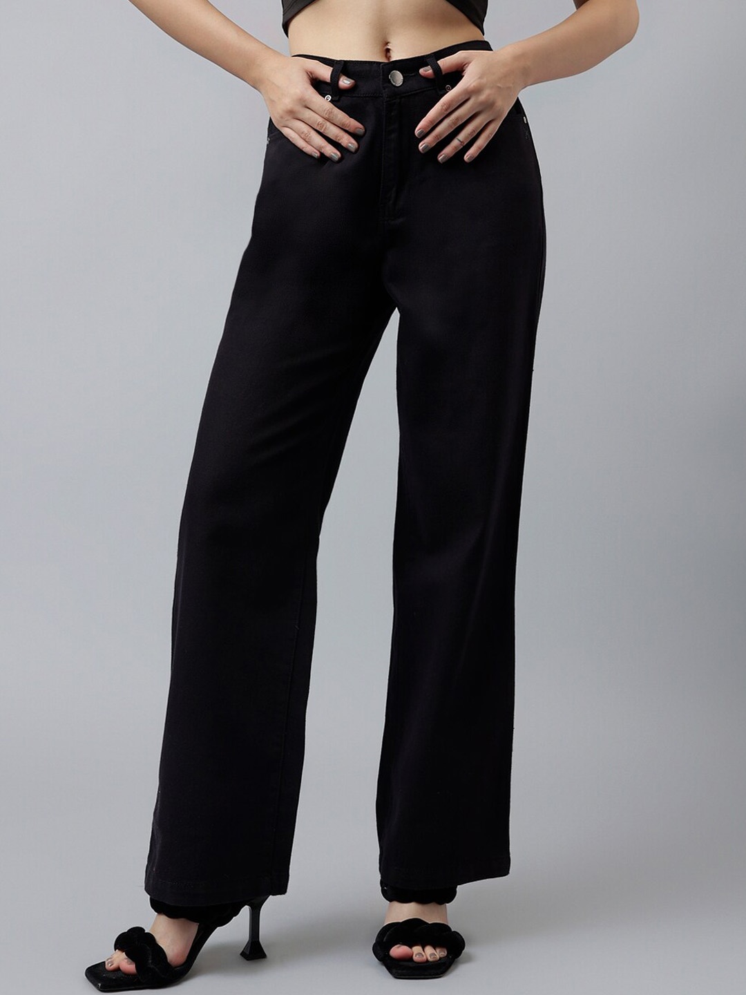 

Xpose Women Comfort Wide Leg Fit High-Rise Casual Cotton Jeans, Black