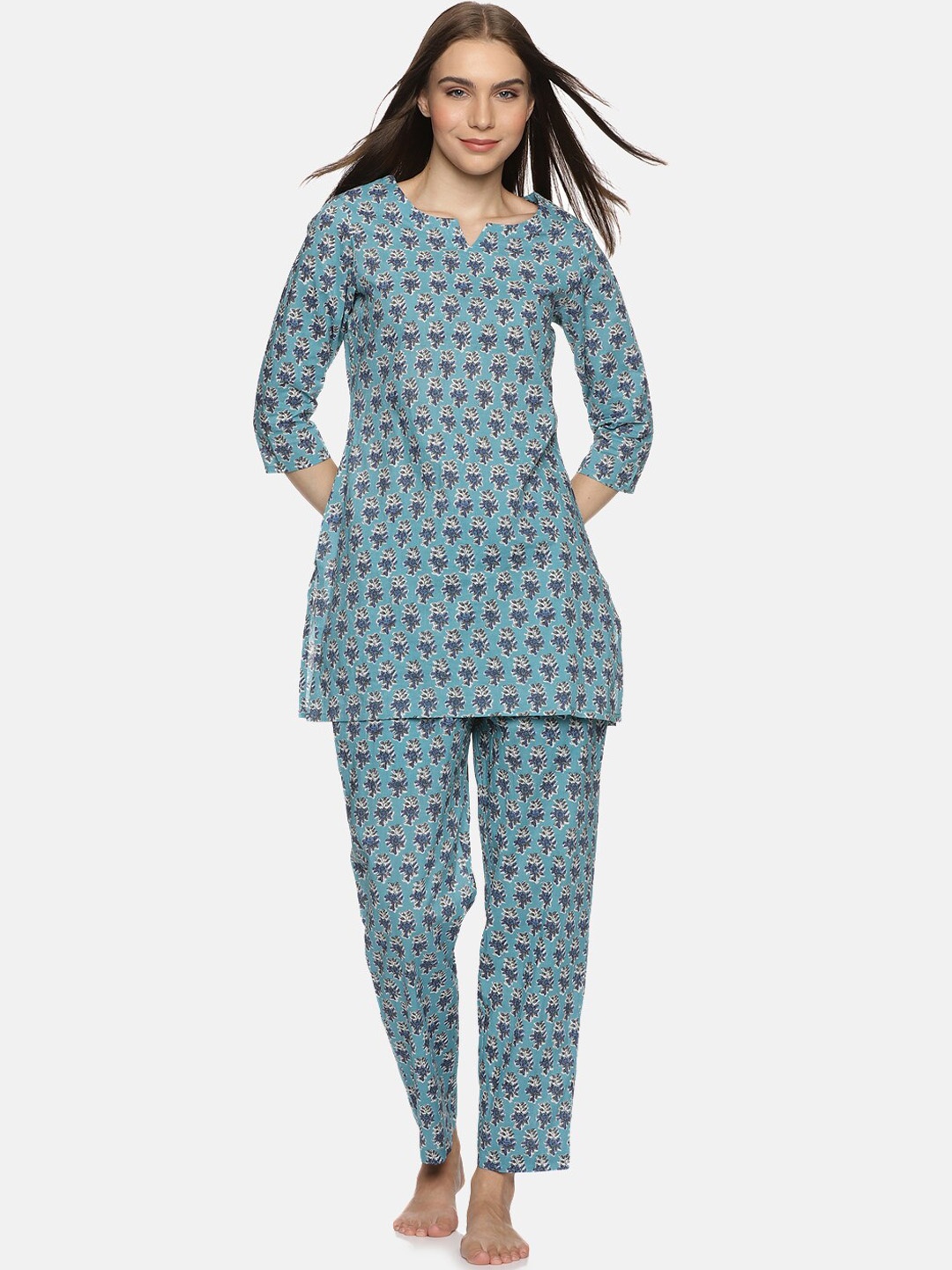 

Palakh Floral Printed Pure Cotton Night suit, Blue