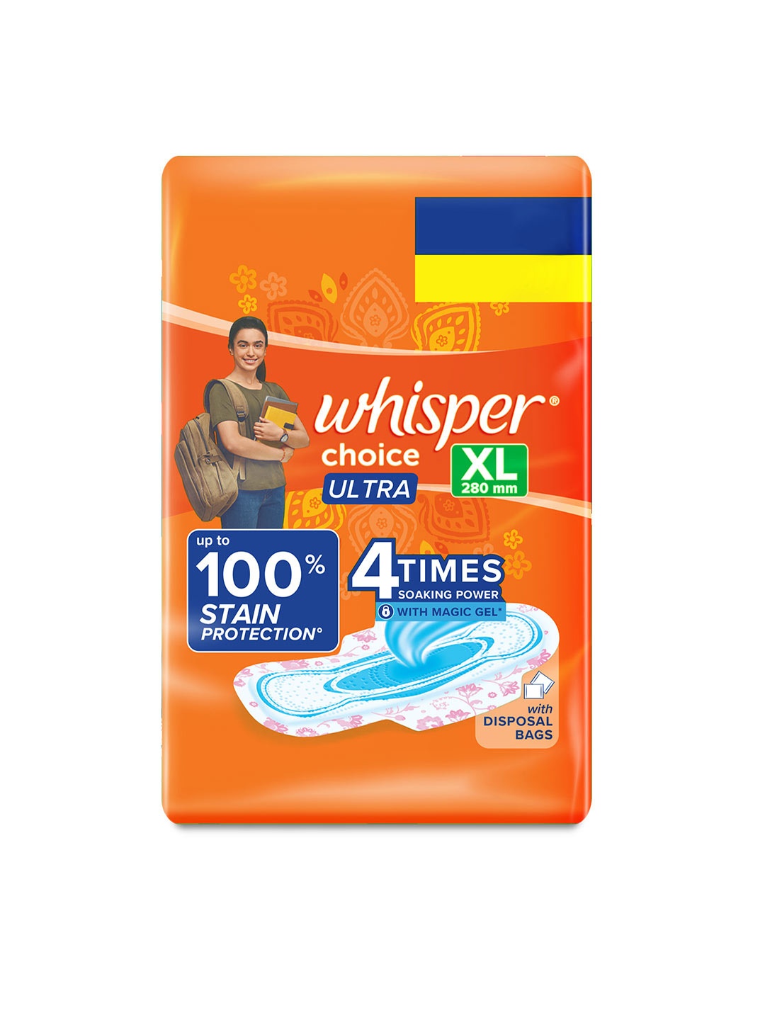 

Whisper Choice Ultra Wings XL Sanitary Pads with Disposal Bags - 40 Pads, Orange