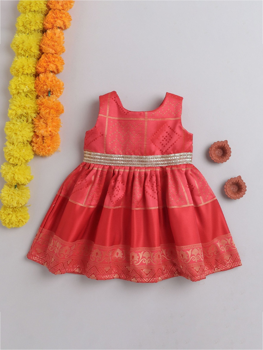 

MANY FROCKS & Girls Ethnic Motifs Printed Silk Fit & Flare Ethnic Dress, Pink