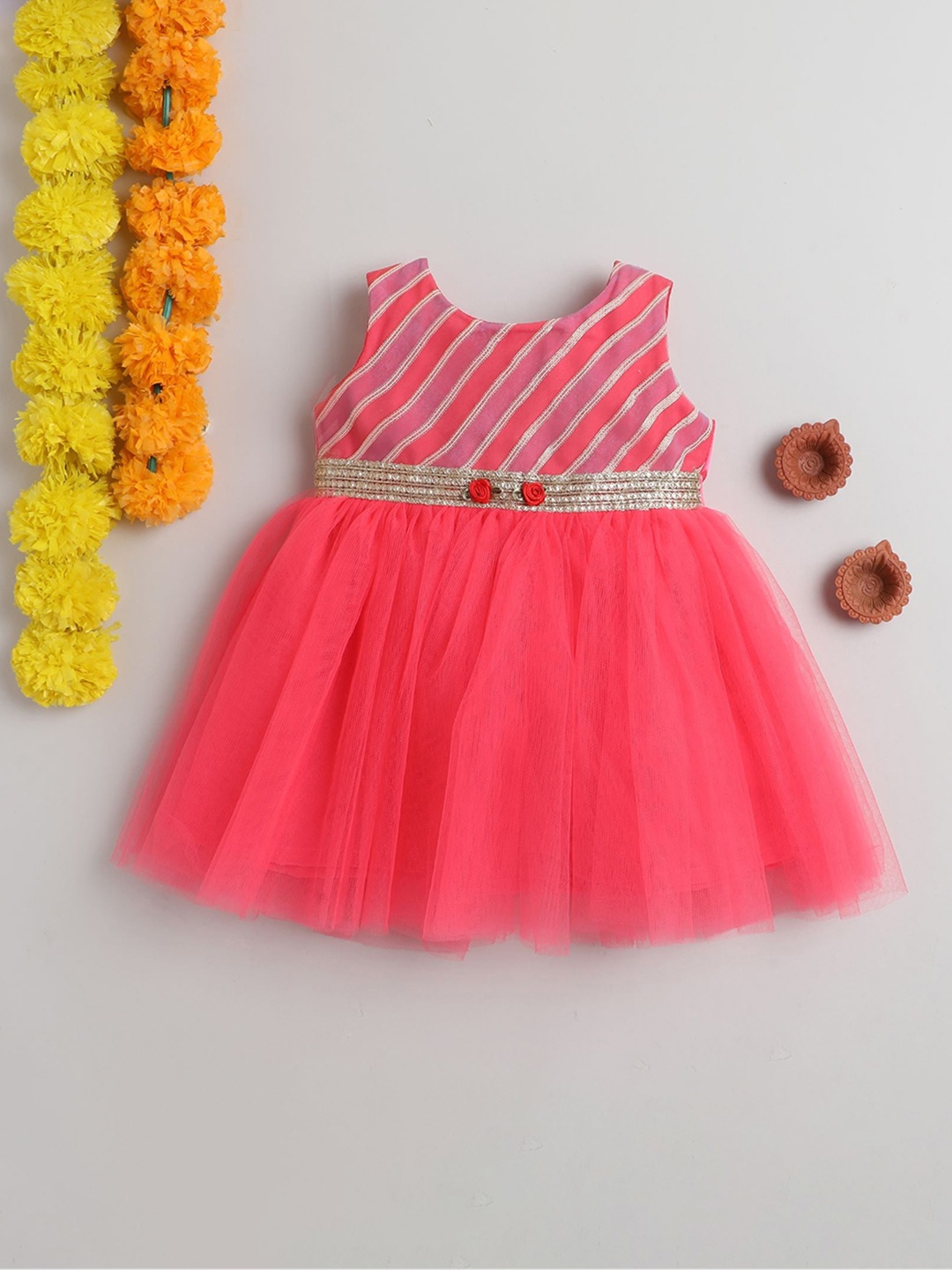 

MANY FROCKS & Girls Sleeveless Net Fit & Flare Dress, Pink