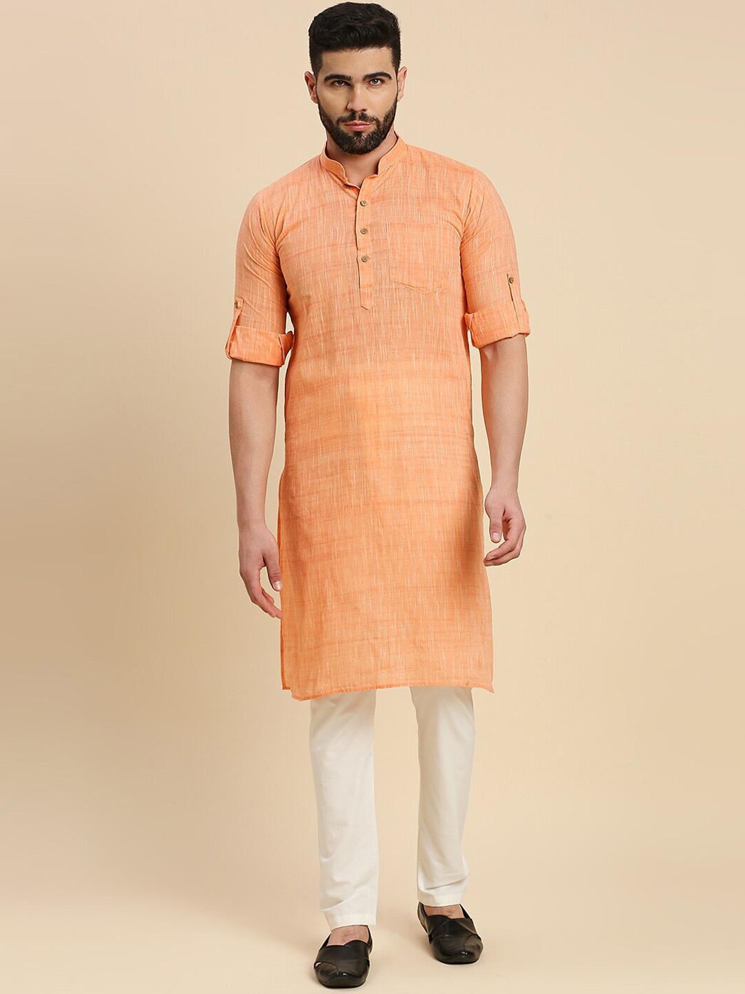 

RAJUBHAI HARGOVINDAS Woven Design Roll Up Sleeves Cotton Straight Kurta, Peach