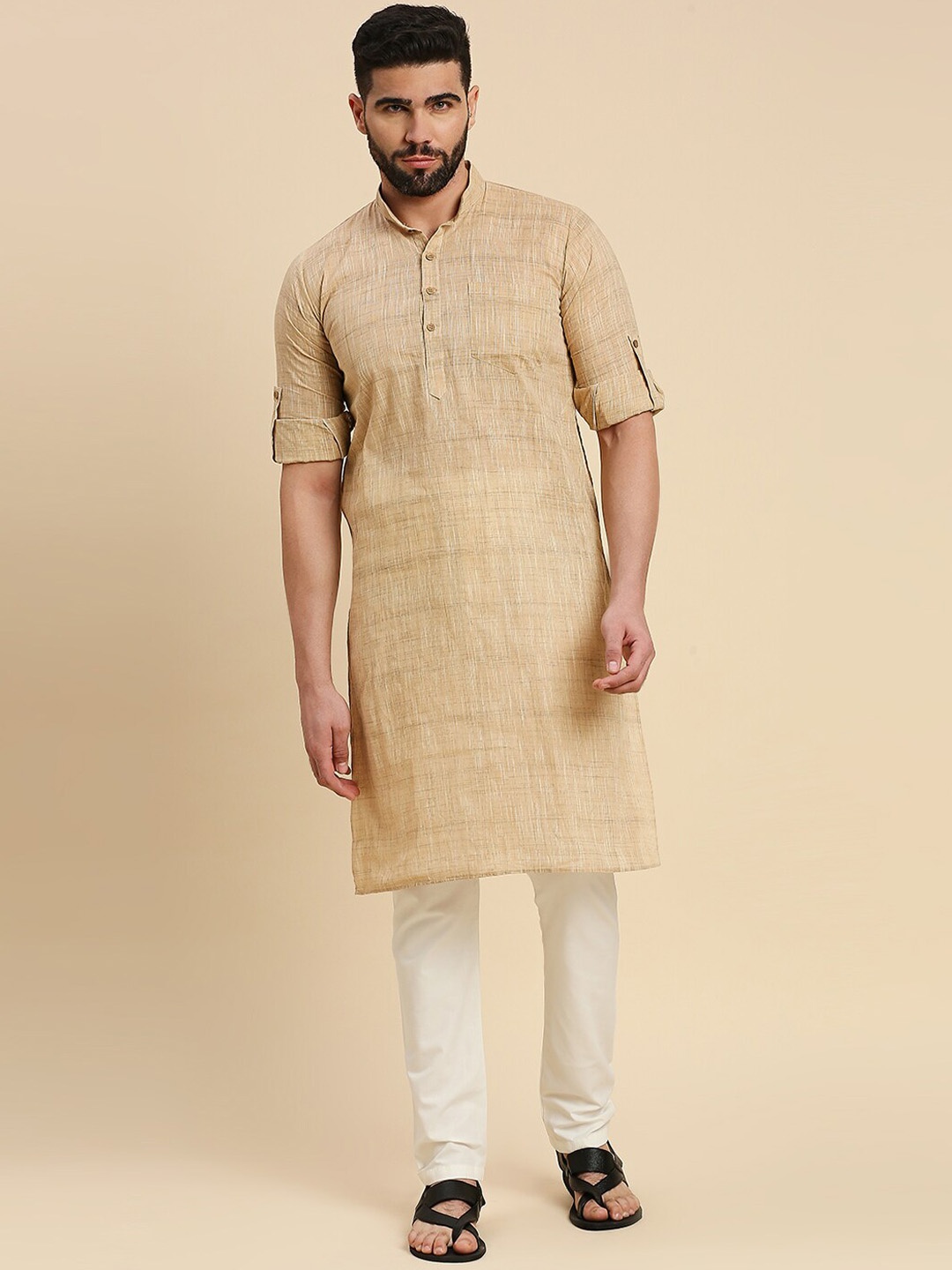 

RAJUBHAI HARGOVINDAS Woven Design Roll Up Sleeves Cotton Straight Kurta, Beige