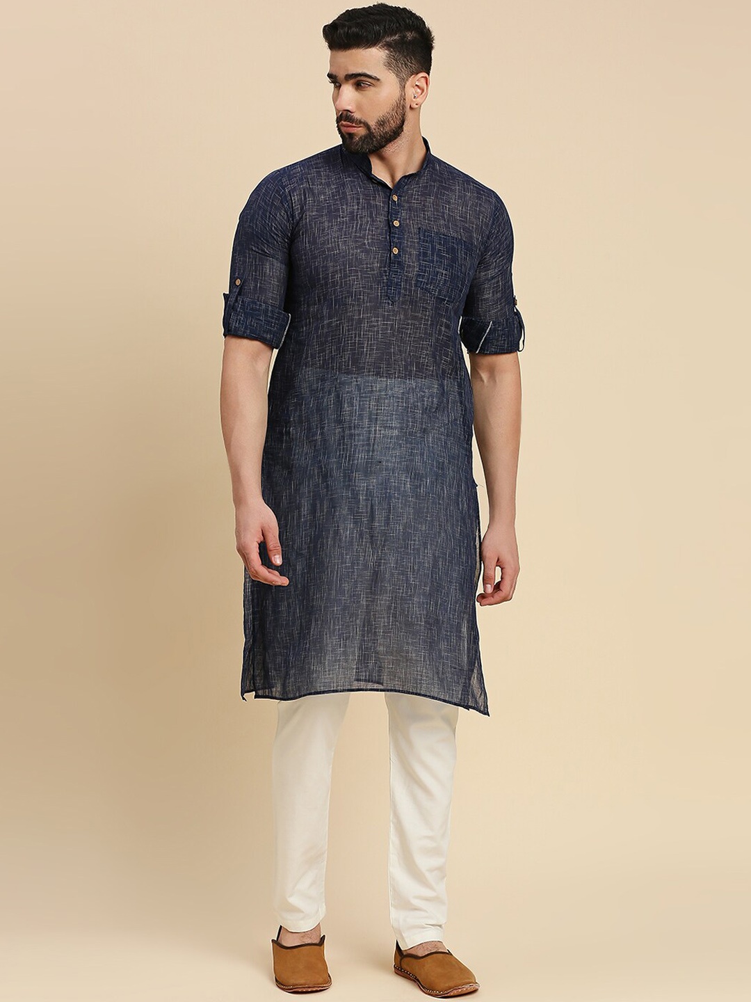 

RAJUBHAI HARGOVINDAS Woven Design Roll Up Sleeves Cotton Straight Kurta, Navy blue