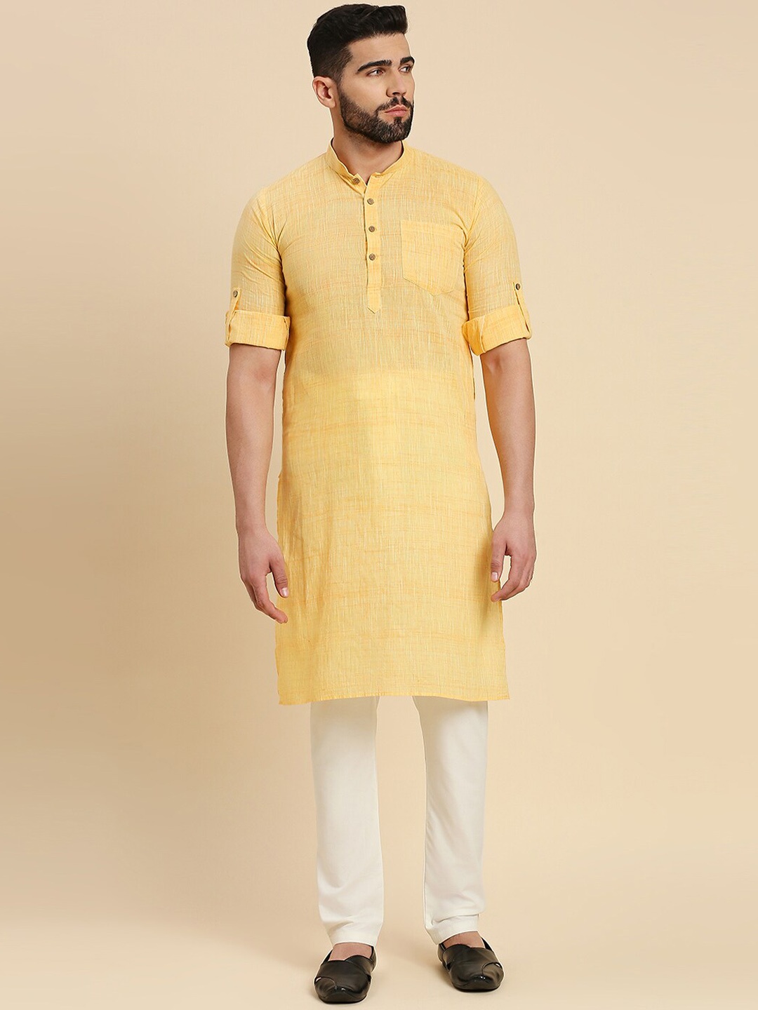 

RAJUBHAI HARGOVINDAS Mandarin Collar Roll-Up Sleeves Khadi Weave Cotton Straight Kurta, Yellow